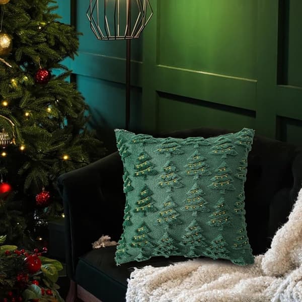 Julepudebetræk, 2-pak, plys polyester, skjult lynlås, grønt juletræsmønster, 45 x 45 cm, til sofa og soveværelse