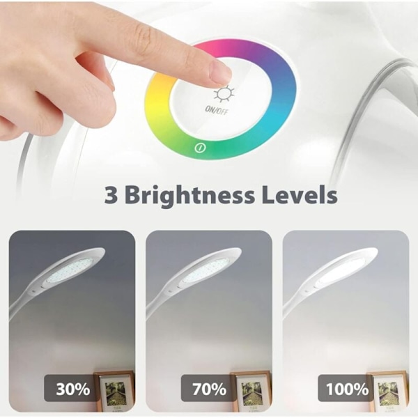 Skrivebordslampe for barn med RGB fargenattlys, dimbar LED-nattbordslampe, berøringskontroll LED-lampe med farget lys og 3 lysstyrkenivåer, hvit