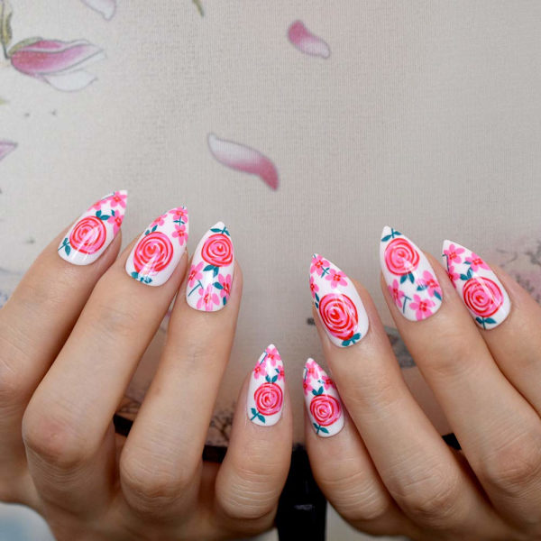 Blomstermønster Stiletto Kunstige Negler Rose Rød Lollipop Hvit Falske Negler Spisse Spisser med Limklistremerke 24CT