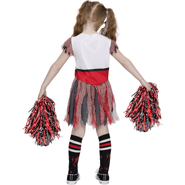 Flickans Läskiga Blodiga Cheerleader-Kostym, Zombie Cheerleader-Kostym för Halloween-Fester Vit-röd Large (10-12 yrs)