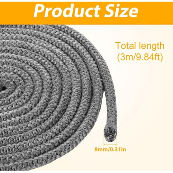 Flätad packning för insats och spis, längd 3m x 8mm, glasfiber tätningspackning, skorstenstätningsrep för eldstäder, vedspisdörr (grå)