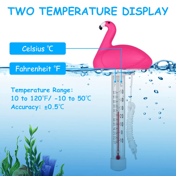 Flytende bassengtermometer, bassengtermometer, flytende termometer med snor, utendørs/innendørs bassengtermometer, bassenger, badekar og akvarier, flamingoer Flamingos