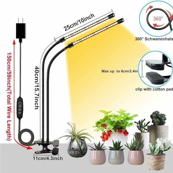 LED Vækstlys, Indendørs Plante Vækstlampe, Clip-on Indendørs Plantelampe med 2 Hoveder LED (Rødt og Blåt Lys), af DEBUNS