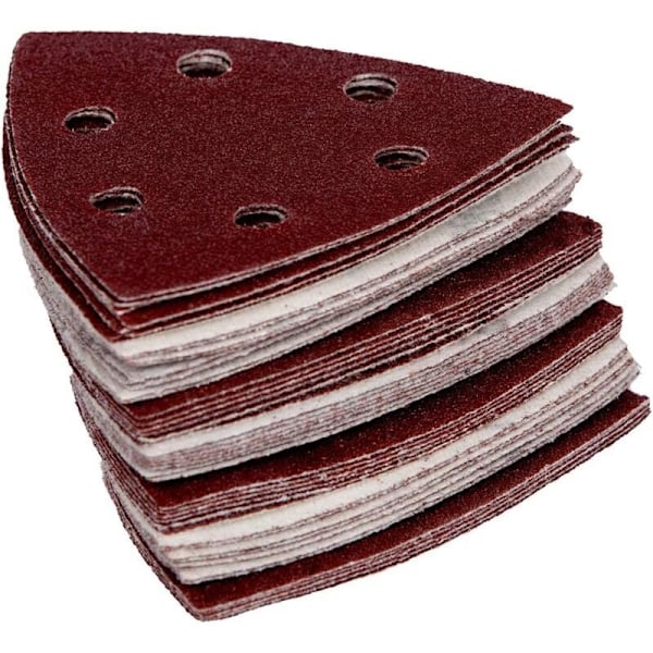 Pakkaus, jossa 120 hiomakolmioa deltasorville - 90 x 90 x 90 mm - 6 reikää - Karkeudet 40/60/80/120/180/240 (20 kutakin) - Hiomapaperi..DEBUNS