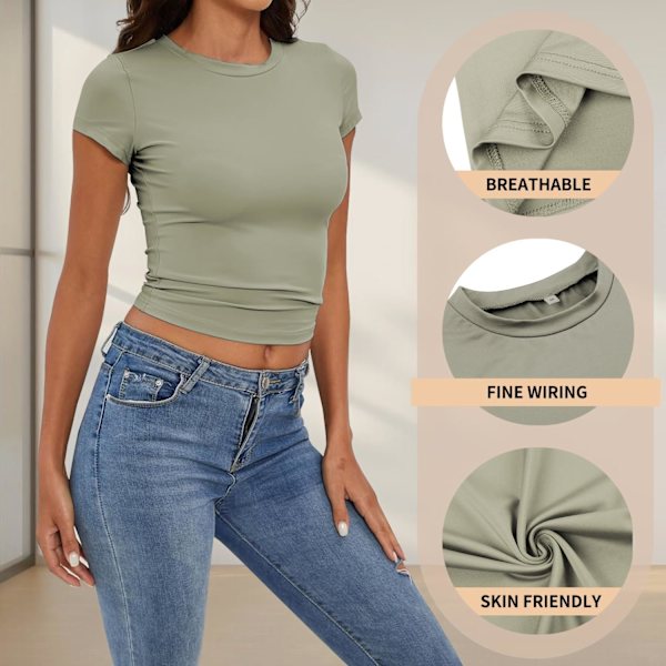 Basic slim fit t-shirt för kvinnor, skims Y2K topp dupe, crop tops kvinnor, magfri topp kvinnor, basic crop tops casual atletisk topp tonåring streetwear, Y2K skjorta Grön M