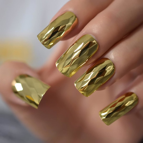 24 stk. Falske Medium Square Negle Metal Punk Champagne Guld Tryk på Negle Buet Spejl Fuld Dækning Bærbar Falsk Negl Designer