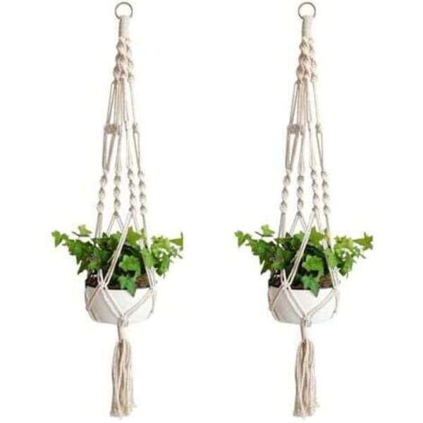 2 stycken Makramé Växtupphängare, Bomullsrep Blomma Hängande Korg för Väggblomkrukor, 100cm