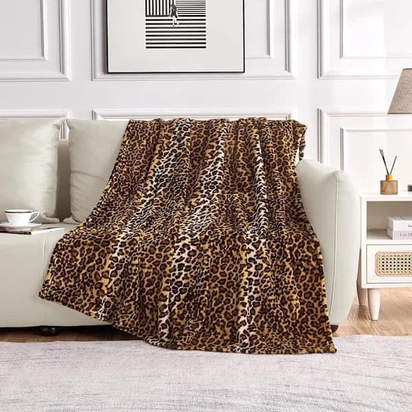 Fleece tæppe med leopardprint til seng, sofa, rejser og camping, superblødt og behageligt fluffy tæppe (127 x 152 cm)