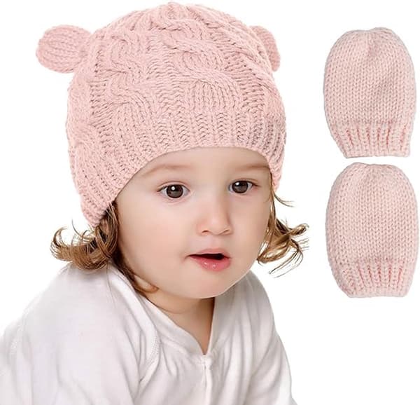 Baby Vinterhue og Vanter Sæt, Strikket Blødt, Pink, Størrelse M til 2-6 Måneder
