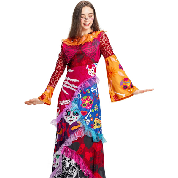 Halloween Day of the Dead-kostyme for kvinner, lang kjole med skjeletttrykk, fin kjole, kvinneantrekk L