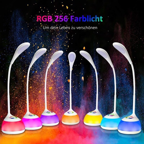 Skrivebordslampe for barn med justerbart fargerikt lys - 3 lysstyrkenivåer, fleksibel arm, USB-port