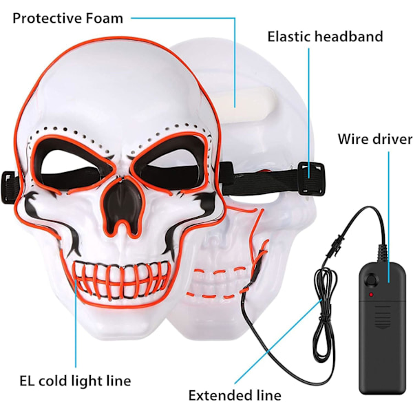 Halloween LED-mask, LED-skelettmask, LED-rengöringsmasker, skräckmask, halloweenmask, för karneval, halloween, cosplay och fester RED