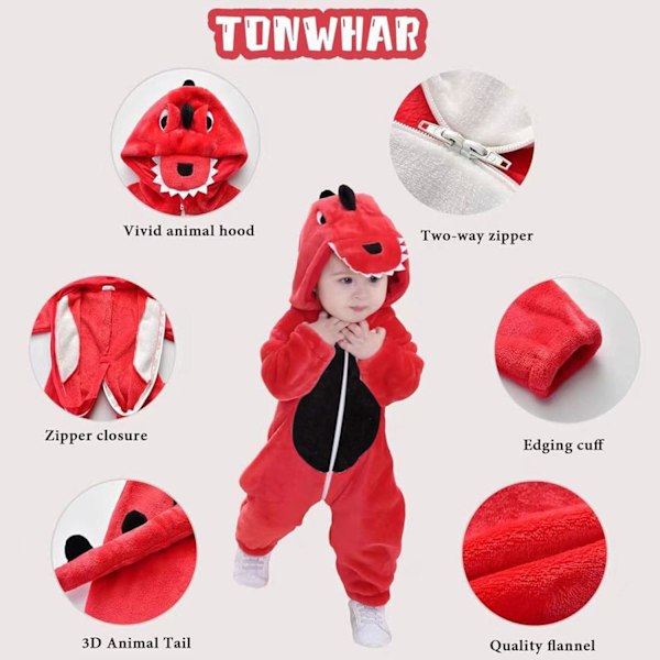 Dinosauriedräkt för barn, onesie, dinosaurie pyjamas, dinosaurie jumpsuit för barn, djurdräkt för barn för karneval fest halloween, cosplay Dinosaurs-red 130