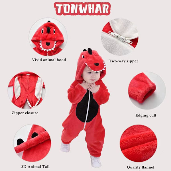 Dinosaurkostyme for barn, onesie, dinosaurpysjamas, dinosaurjumpsuit for barn, dyrekostyme for barn til karnevalsfest halloween, cosplay Dinosaurs-red 110