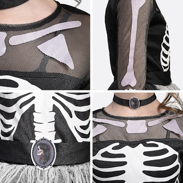 Skeletkostume til piger, spøgelsesagtigt, skelet, tutu-kjole til piger, halloweenkostume, rollespil, cosplay-fest Svart Large (10-12 yrs)