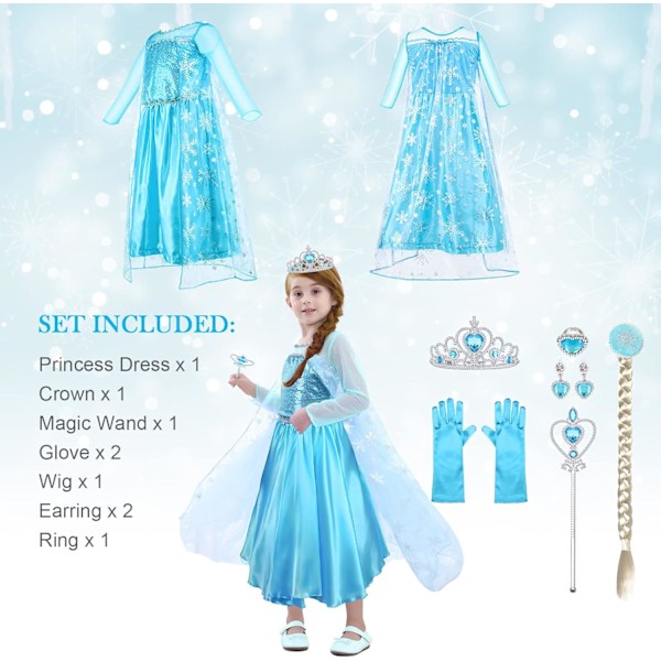 ELSA-kostym för flickor 9 delar Barn ELSA-klänning med krona tiara handskar trollstav för julparty karneval halloween födelsedagsfest 140 cm