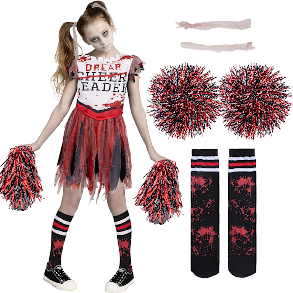 Flickans Läskiga Blodiga Cheerleader-Kostym, Zombie Cheerleader-Kostym för Halloween-Fester Vit-röd Medium (8-10 yrs)