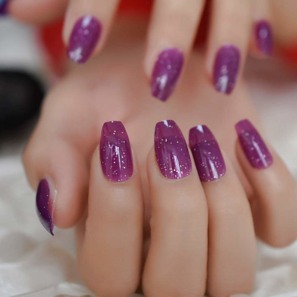 Grace Lila Jelly Ballerina Naglar Fyllda med Glitter Konstgjorda Fingernaglar Medium Coffin Kits med Limstift