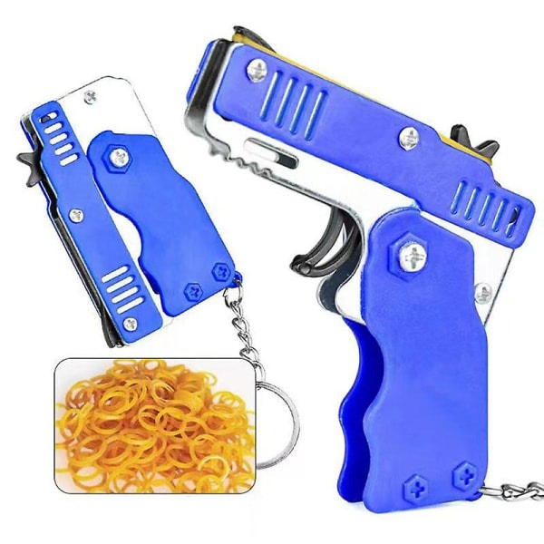 Galaxy Mini gummibandspistol, hopfällbar, 6 skott med nyckelring och 60+ gummiband, gummibandspistol (blå)