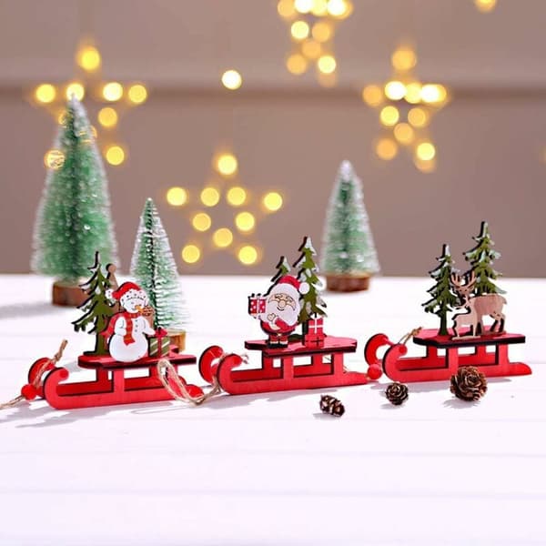 Julepyntsslæder, julemand snemand elg bordpynt, mini trælegetøj, julelegetøj til børn, fehave ornament sæt (3 stk)