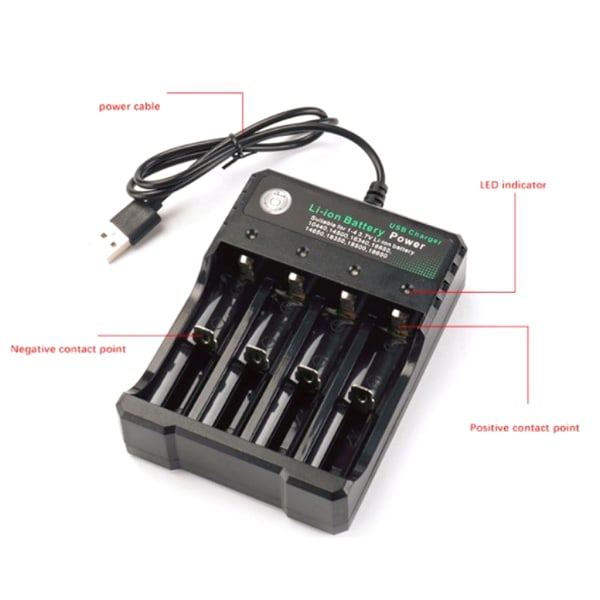 4 platser batteriladdare för smart laddning för 18650 18350 16340 14500 Uppladdningsbart Li-Ion batteri USB -gränssnitt Intelli
