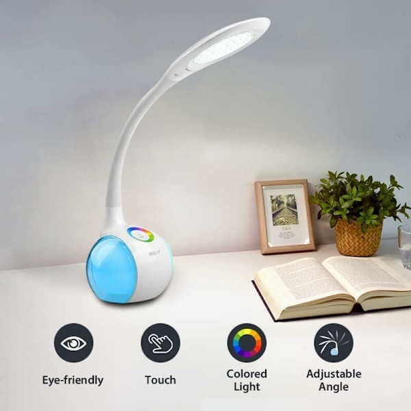 Skrivebordslampe for barn med RGB fargenattlys, dimbar LED-nattbordslampe, berøringskontroll LED-lampe med farget lys og 3 lysstyrkenivåer, hvit