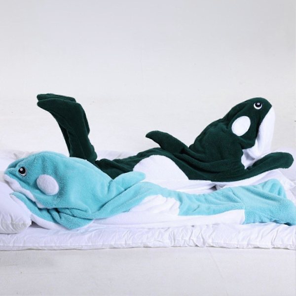 Nukkumispussi Piirretty Valas Muoto Pehmeä Flanelli Camping Perhe Retket Ja Yöpymiset Puettava Peitto Aikuiset Lapset Blue-grey shark 150