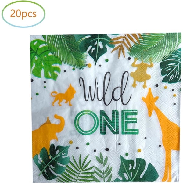 IC Wild One-födelsedagstillbehör, 20 tallrikar och 20 servetter, Djungel Wild One-tema födelsedagsfestdekoration för pojkar
