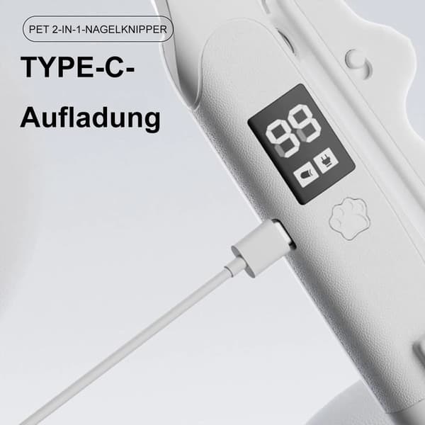 Kjæledyrnegleklipper, 2-i-1 LED elektrisk trimmer og sliper med negleavfallsoppsamler, stillegående for hunder og katter, USB-C, hvit
