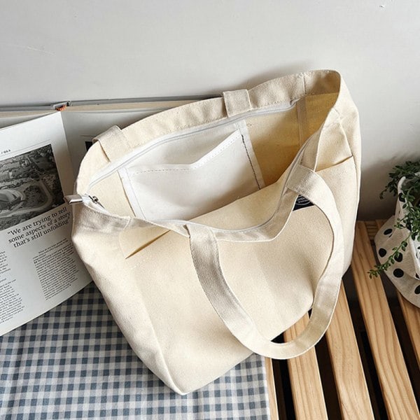 Kvinde Canvas Tote Taske Dame Casual Håndtaske Skuldertaske Hvid