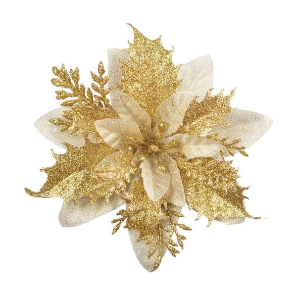 12 stk. Glitter Juleblomster (15cm) med 12 stk. Kunstig Julestjerne til Juletre (Gull)