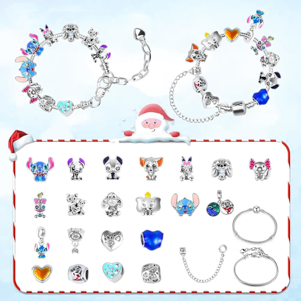 Julekalender 2024 Piger, 24 Dages Julekalender med 2 Armbånd og 22 Unikke Tegnefilm-Charm Perler, Julegaver til Børn Teenagere
