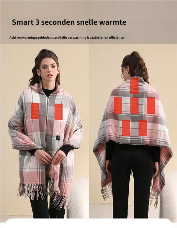 USB-oppvarmet skjerf for kvinner, 8 varmesoner, 3 varmeinnstillinger, sammenleggbart og vaskbart, vinterreise, rosa rutete, 135 x 80 cm