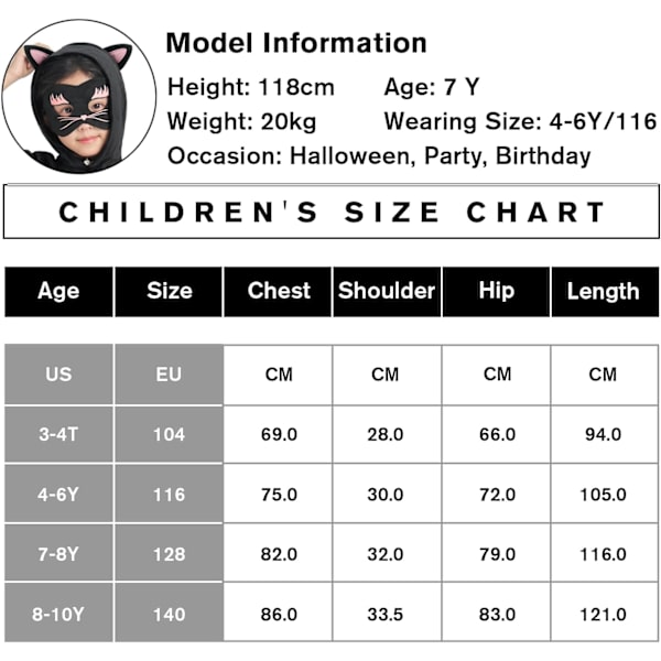 Sort Kattekostume til Børn, 3-delt Jumpsuit med Hætte, Fastelavnskostume, Drenge, Piger, Rollespil til Halloween, Karneval, Fest 3-10 År 7-8 Jahre