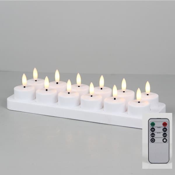 Uppladdningsbara LED-värmeljus 12-pack med fjärrkontroll och timer för fest heminredning vit