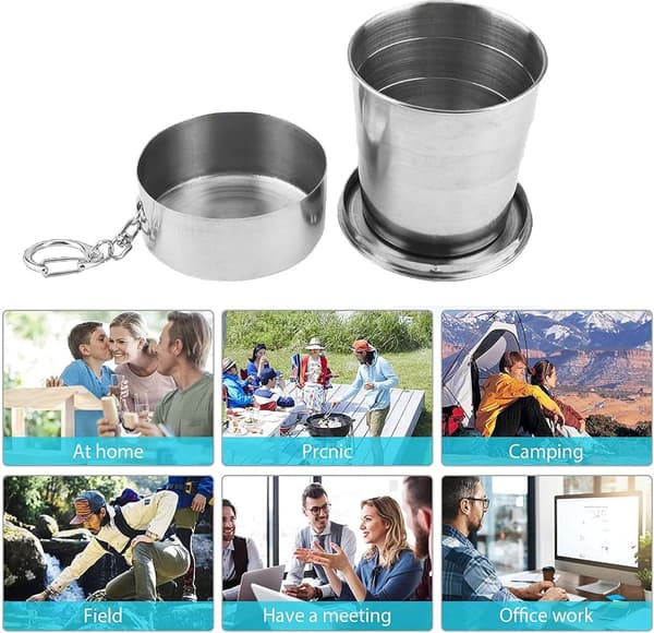 Sammenleggbare reisekopper i rustfritt stål med lokk, gjenbrukbare, for camping og fotturer, 2-pakning, 250 ml
