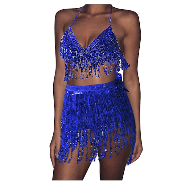Dam Paljett Magdansdräkt Tofs Omlott Mini Kjol Klubb +Väst Set Blue