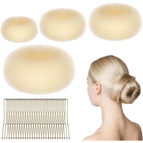 Hår Donut Bun Maker Set, 4 st Ring Style Donut Bun Shaper med 30 hårnålar, Blont Chignon Donut Bull Hårtillbehör för Flickor Ki 4PCS-Beige