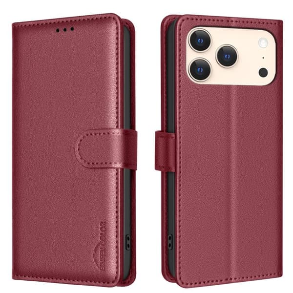 iPhone 17 Pro Case Leather Case with Litchi Texture and RFID Anti-theft Red Röd