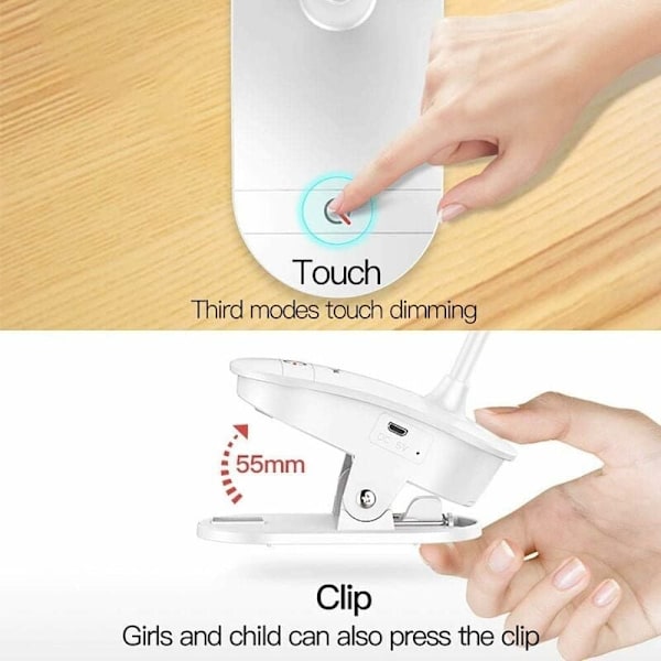 Batteridrevet Clip-on Leselys for Seng med 3 Lysstyrkenivåer, USB Oppladbar