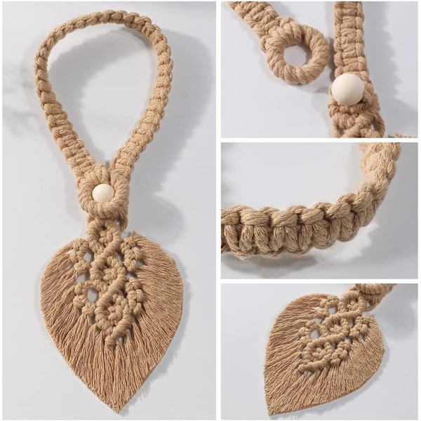 Sett med 2 Boho Gardinholdere, Blad Bomulls Makrame Gardin Klips