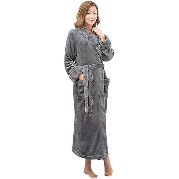 Dames Lang Morgenkåbe Microfiber Vinter Varmt Fluffy Morgenkåbe Sauna Robe Nattøj Julegave - Grå M