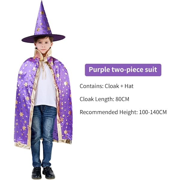 Trollmannskappe med hatt, Halloween-kostyme for barn, heksekappe, stjernekappe, magisk hatt, rollespill for gutter og jenter lila