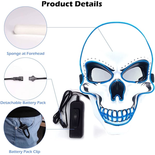 Halloween LED-naamio, LED-luurankonaamio, LED-puhdistusnaamiot, kauhunaamio, halloween-naamio, karnevaaliin, halloweeniin, cosplayhin ja juhliin Blue