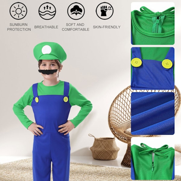 Luigi Kostumesæt, Luigi Kostume, Bros, Udklædning, Kvinder, Mænd, Outfit til Jul, Karneval, Maskerade Children boys green L