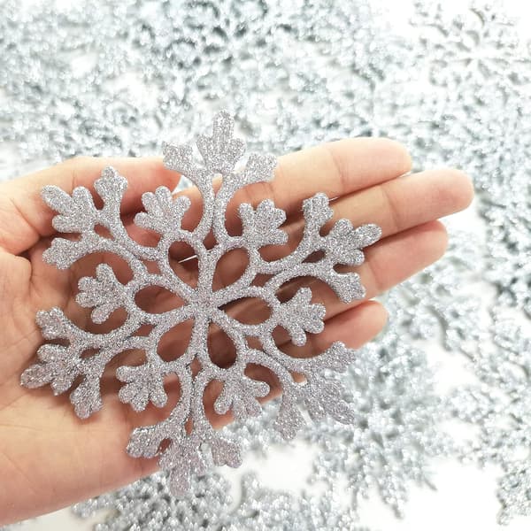 36-pakning Sølv Snøfnuggpynt - Plast Glitter Snøfnugg for Jul og Vinter