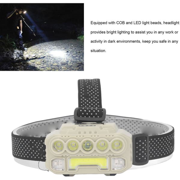 COB LED Hodelykt Utendørs Camping Hodelykt med Justerbart Hodebånd Lett Hodelykt Batteriindikator Bevegelsessensor 1200MAH, DUBUNS