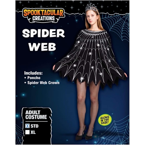 Spindelvævs-kjole poncho kostumer med glødeffekt og krone til kvinder halloween fest XL