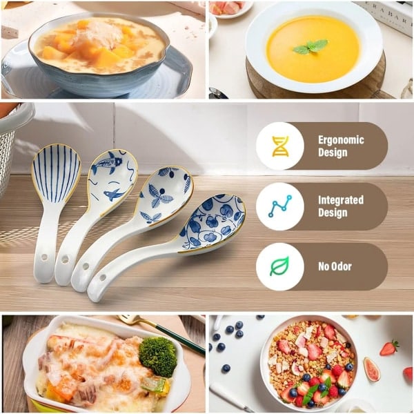 IC 6,3 tuuman keraaminen kiinalainen keittolusikka, ramen-lusikka retrokuviolla