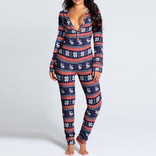 Dam Pyjamas Jumpsuit Heldräkt Tryck Julpyjamas Långärmad Sovkläder Grå Grey S